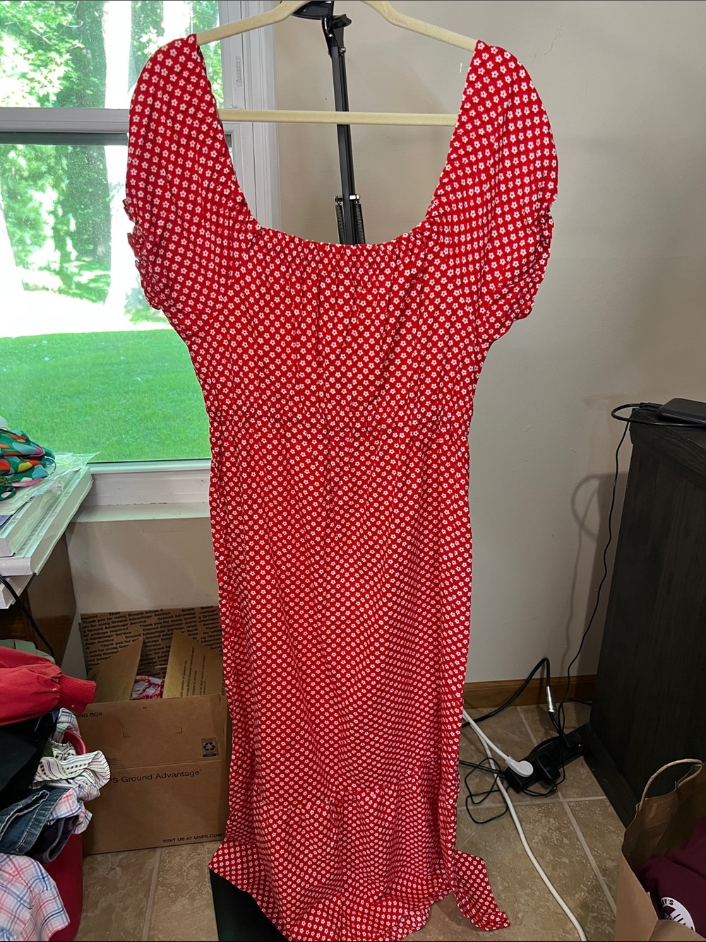 Vintage Red Puff-Sleeve Maxi Dress with White Dot Print cotton 2039